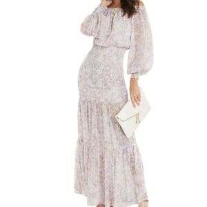 Floral Off The Shoulder Long Sleeve Chiffon Dress